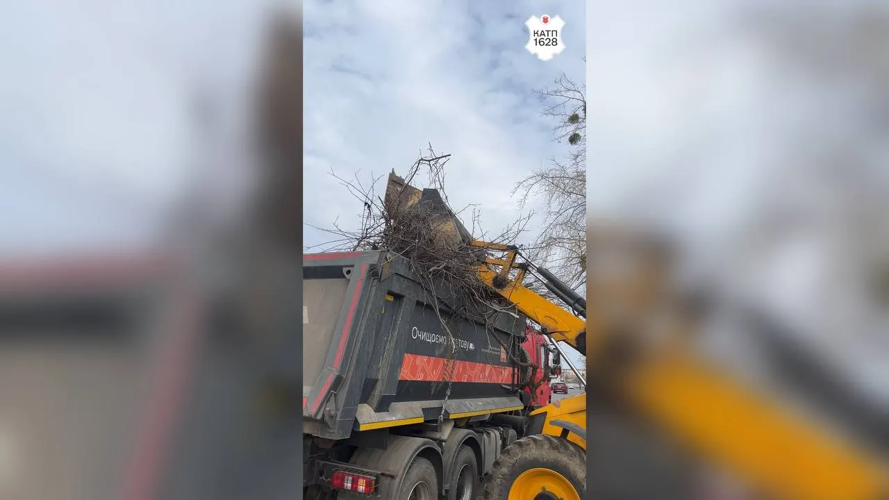 У Полтаві подрібнюють гілля після весняної обрізки дерев